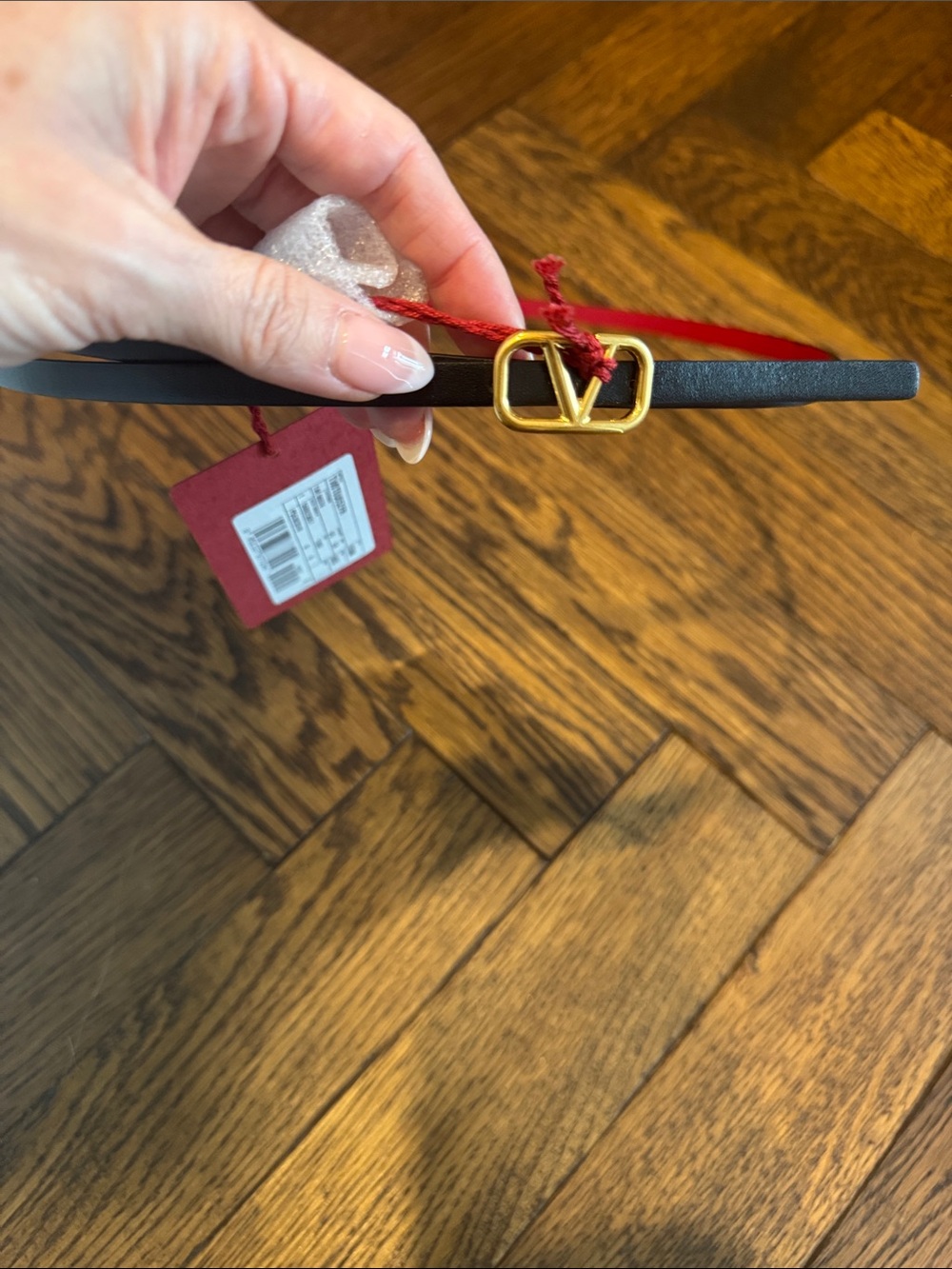 Valentino Garavani Black/Red Leather Slim Belt with Gold V Logo 85 / Small